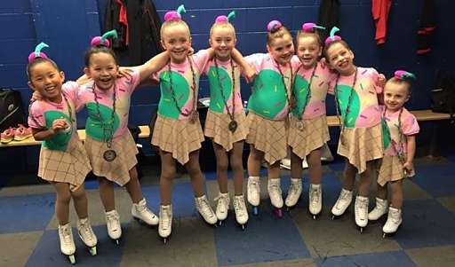 Tot synchronized ice skating team after competition.