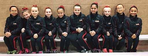 Younger synchronized ice skating team at competition.